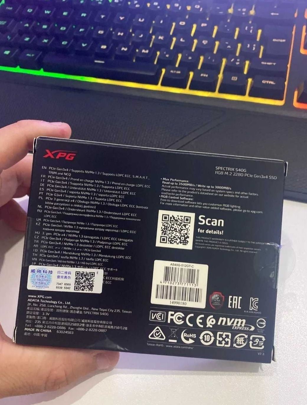 XPG Spectrix S40G RGB 512GB nvme SSD yangi