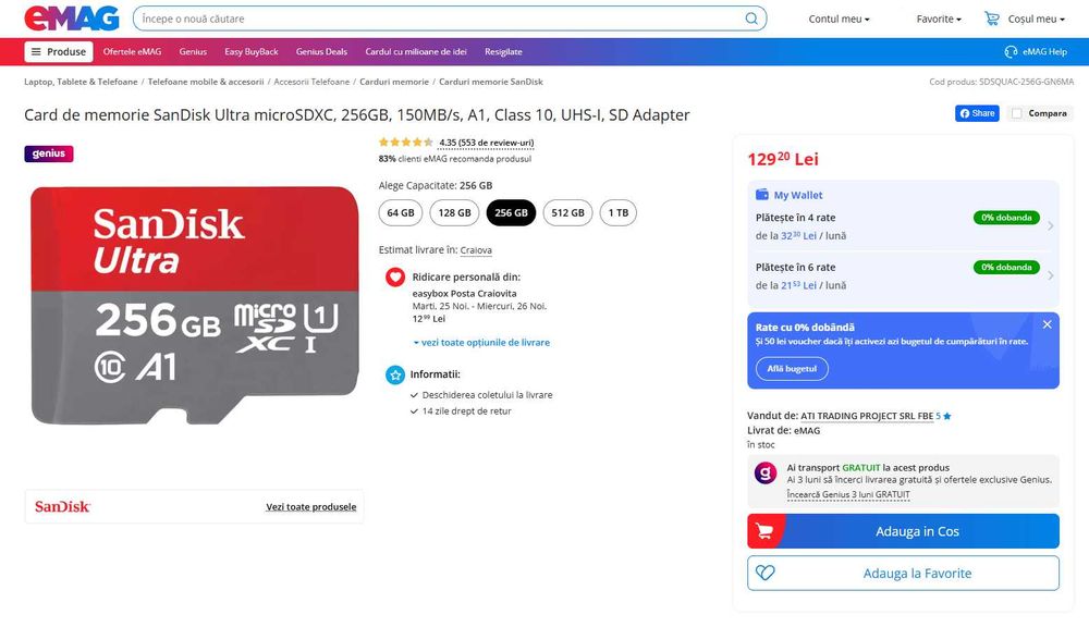 Card de memorie SanDisk Ultra microSDXC, 256GB, 150MB/s, Class 10, nou
