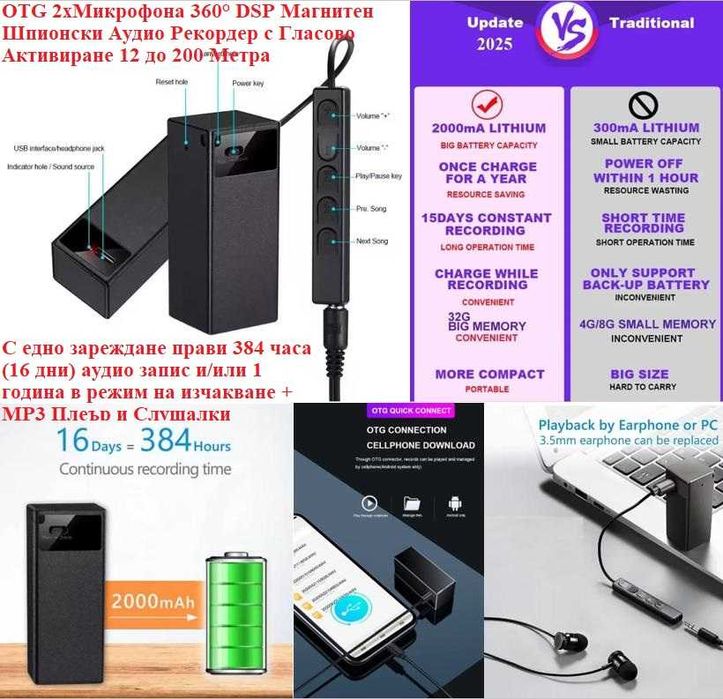 OTG 2хMic 360° DSP Магнитен Шпионски АудиоРекордер Глас Активация 384ч
