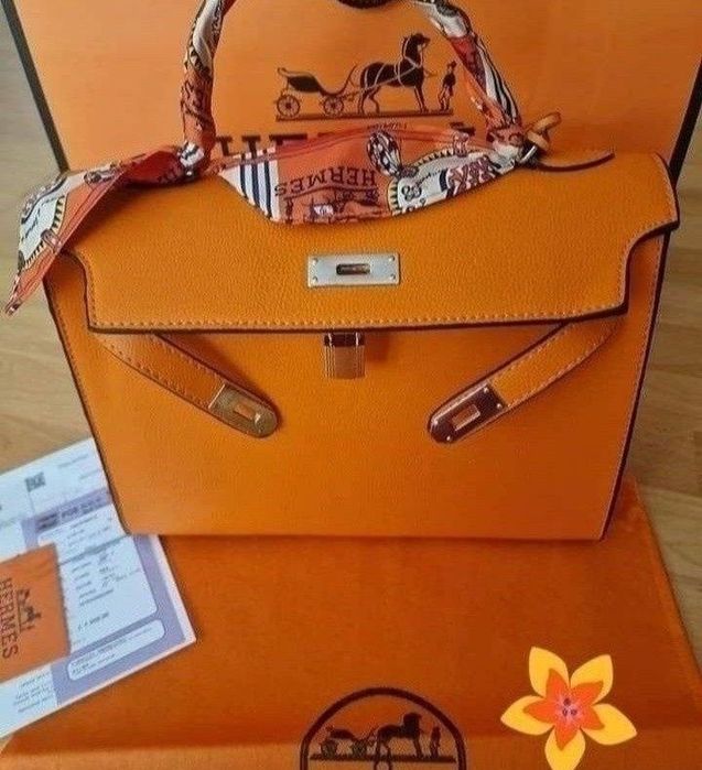 Esarfa Orange doua fețe+geanta H Kelly Medium,saculet, etichetă