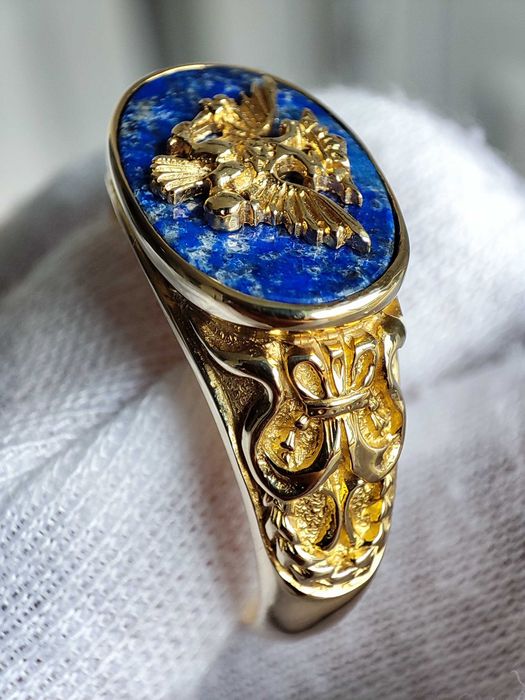 Faberge inel aur 14k lapis lazuli ghiul aur barbatesc Franklin Mint