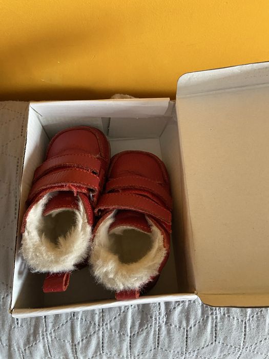 Ghete copii barefoot, piele naturala, blana, grena/velur, 21 EU