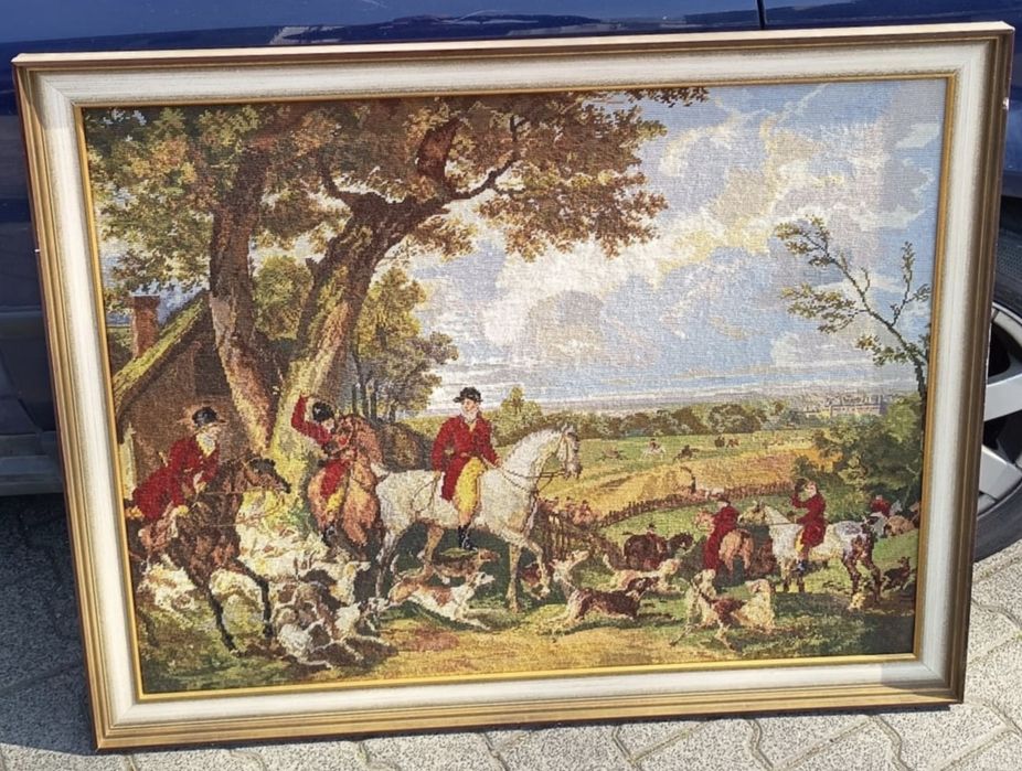 Goblen ramă lemn : scena de vânătoare
