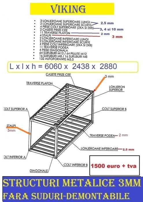 Structura modulara cu STALPI DE 3 mm  6060x2438x2880