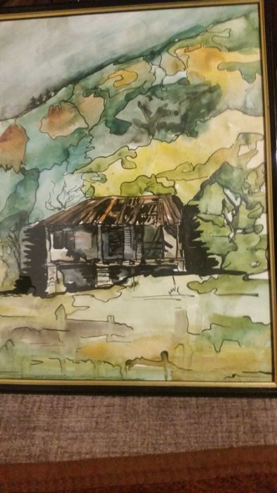 Пейзаж с къща, рисуван с акварелни бои.