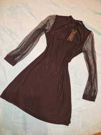 Къса рокля М/Л черна лека материя прозрачен ръкав с лъскаво нова с ети