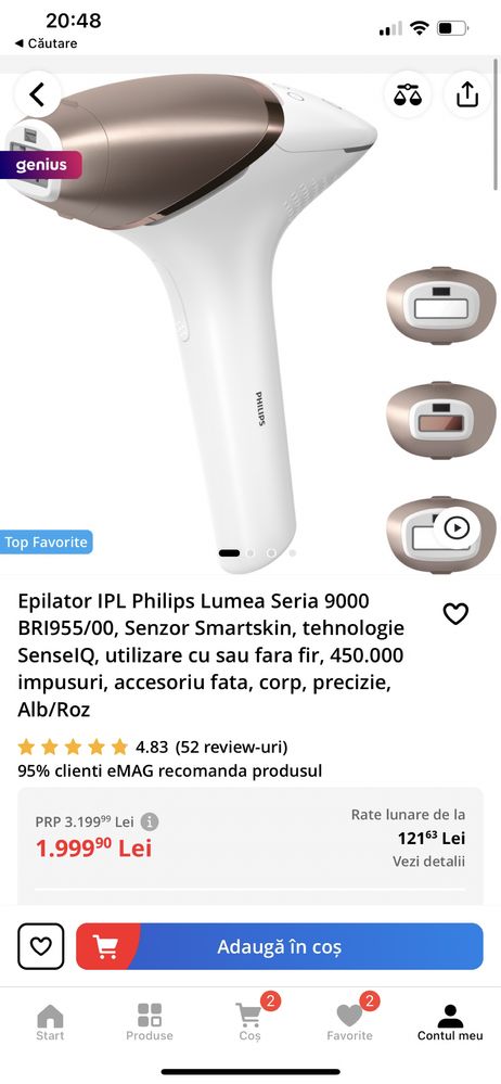 Epilator IPL Philips Lumea Seria 9000 BRI955/00, Senzor Smartskin