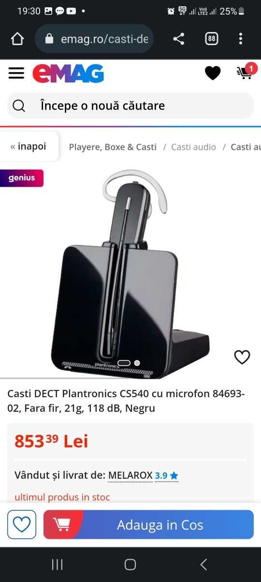 Casti DECT Plantronics CS540 cu microfon 84693-02, Fara fir, 21g, 118