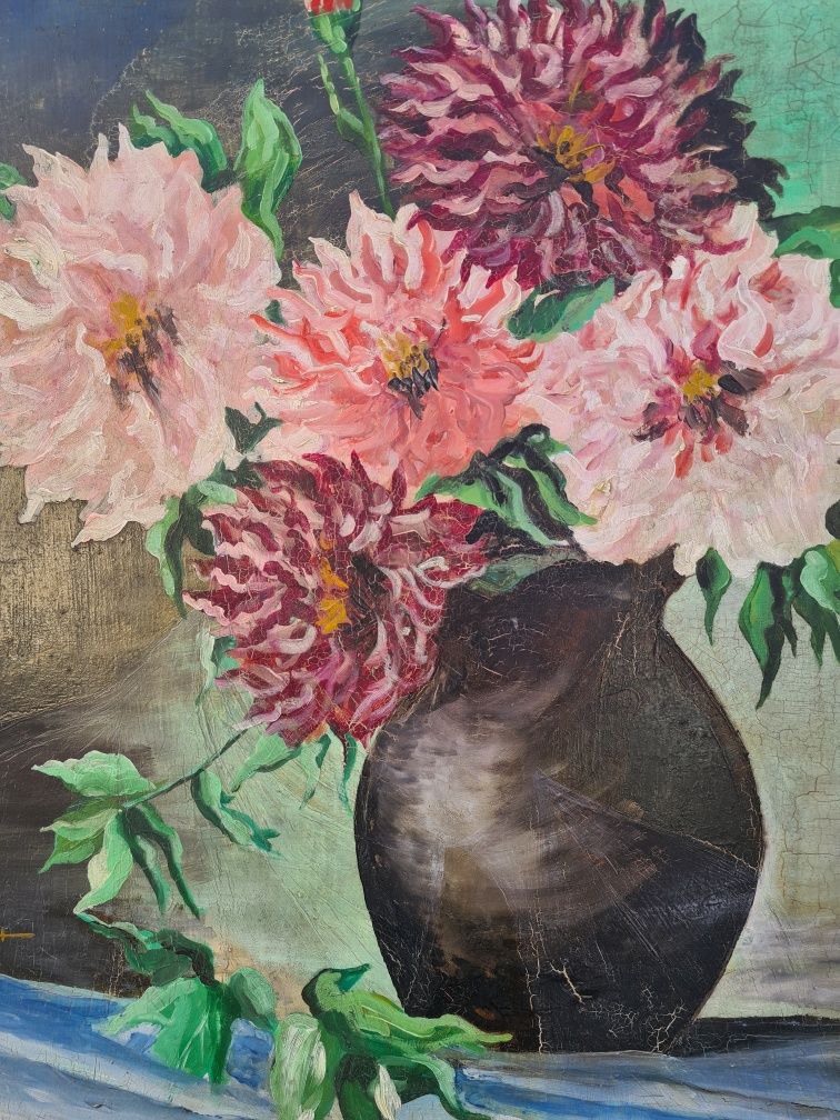 " Crizanteme pentru tine " , tablou minunat,  vechi, semnat, u/pl