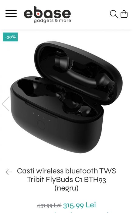 Căști Wireless Bluetooth TWS Tribit Fly Buds C1 BTH93 , Negru