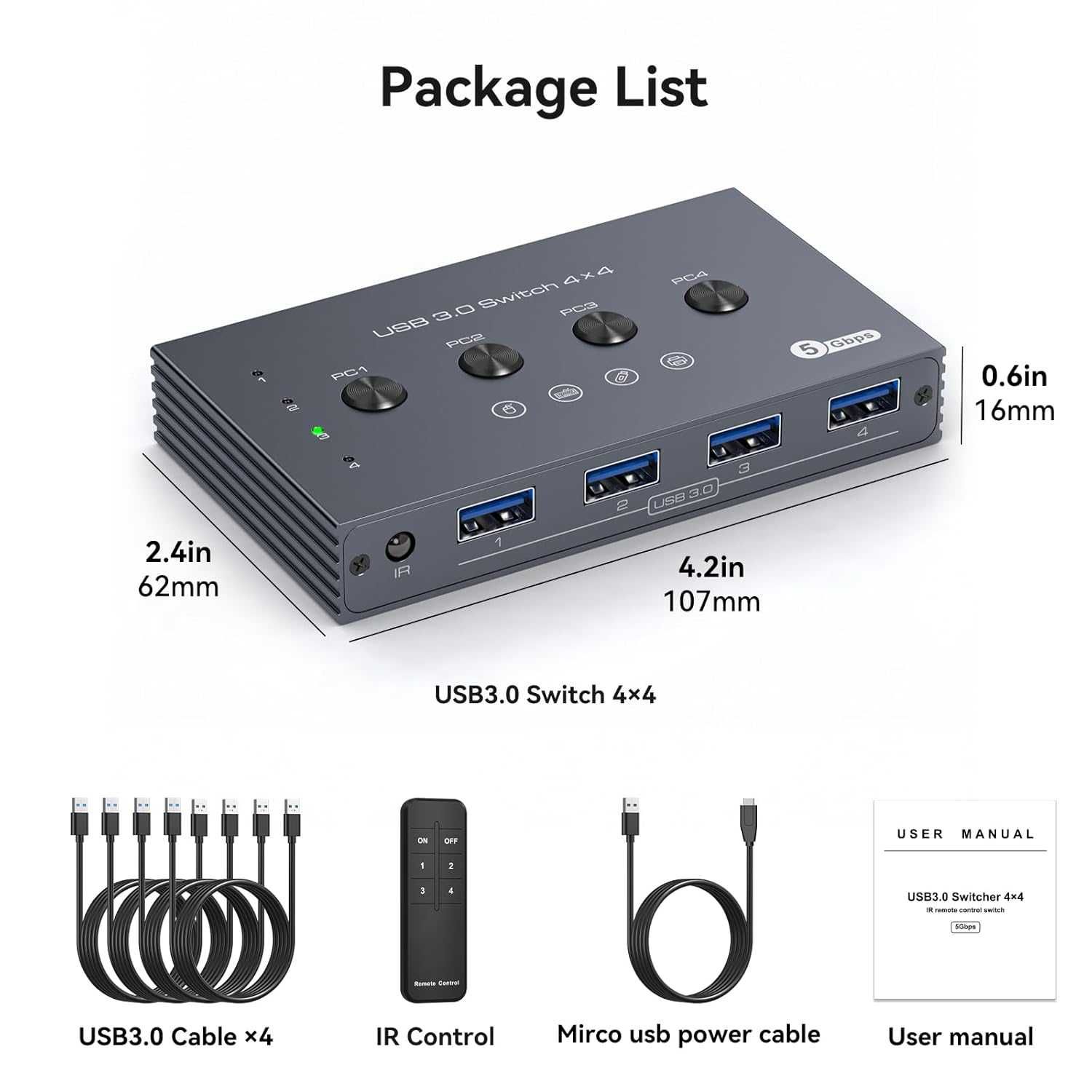 TJCXELE ​​​​USB превключвател, USB 3.0, 4 входа/4 изхода, дистанционно
