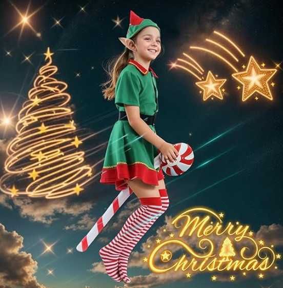 Детски коледен костюм на Елф Raveparty, от 7 части, карнавален