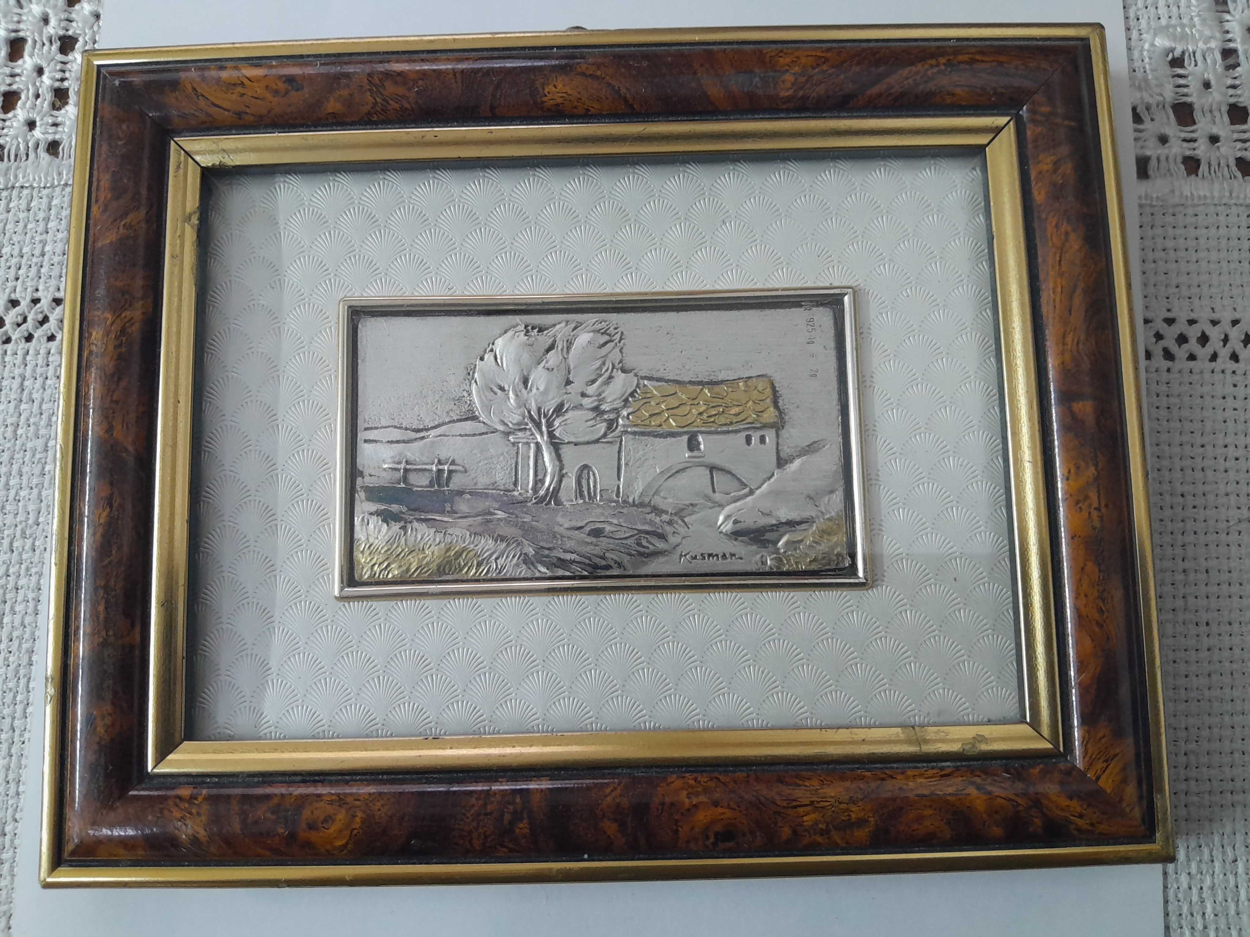 Tablou pictat foiță argint 925 marcat - 19 cm x 14,5 cm, semnat