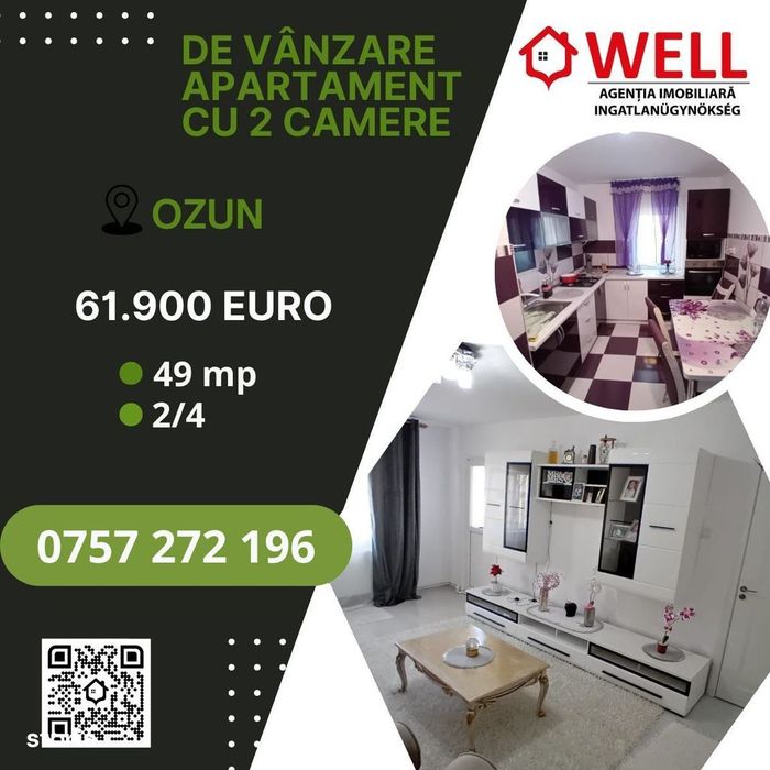 De vânzare apartament cu 2 camere în localitatea Ozun .