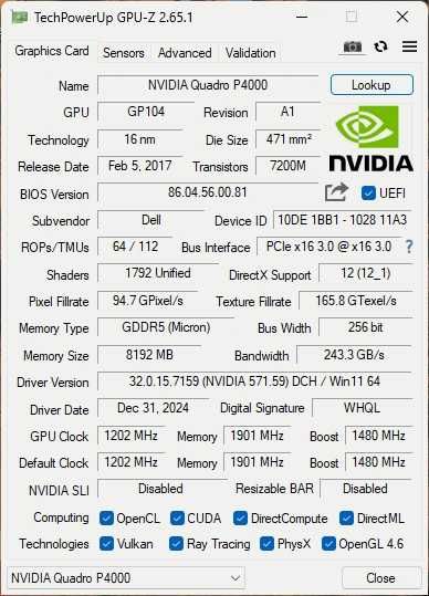 Видеокарта Nvidia Quadro P4000 8Gb DDR5, 256 bit