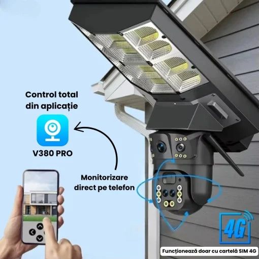 Lampă solară cu cameră 4G SIM, microfon, difuzor, V380 app