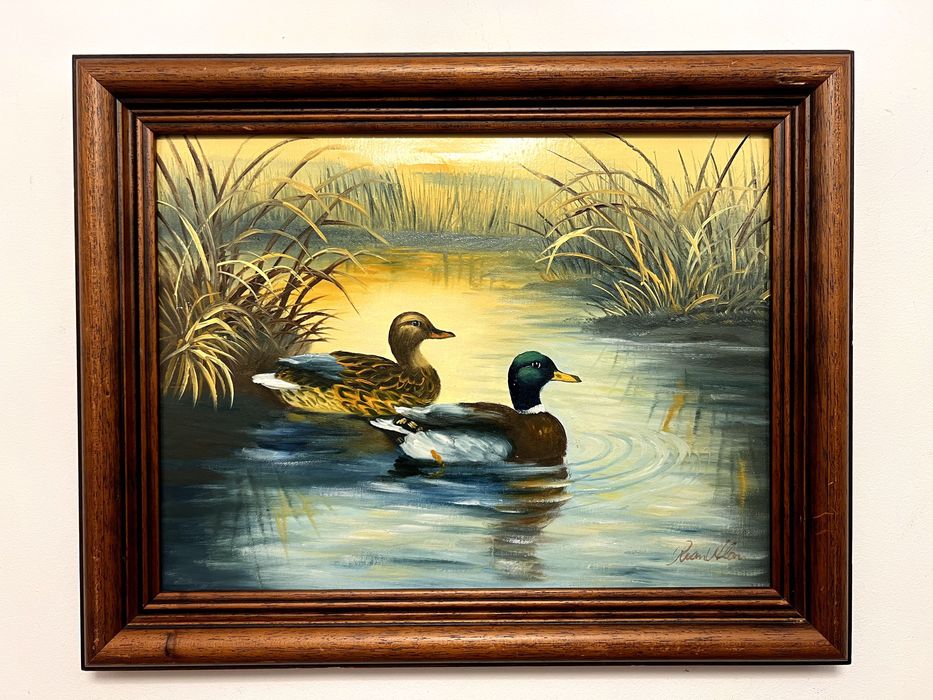 Pictura in ulei pe pânză ce reprezinta  un peisaj liniștit de lac