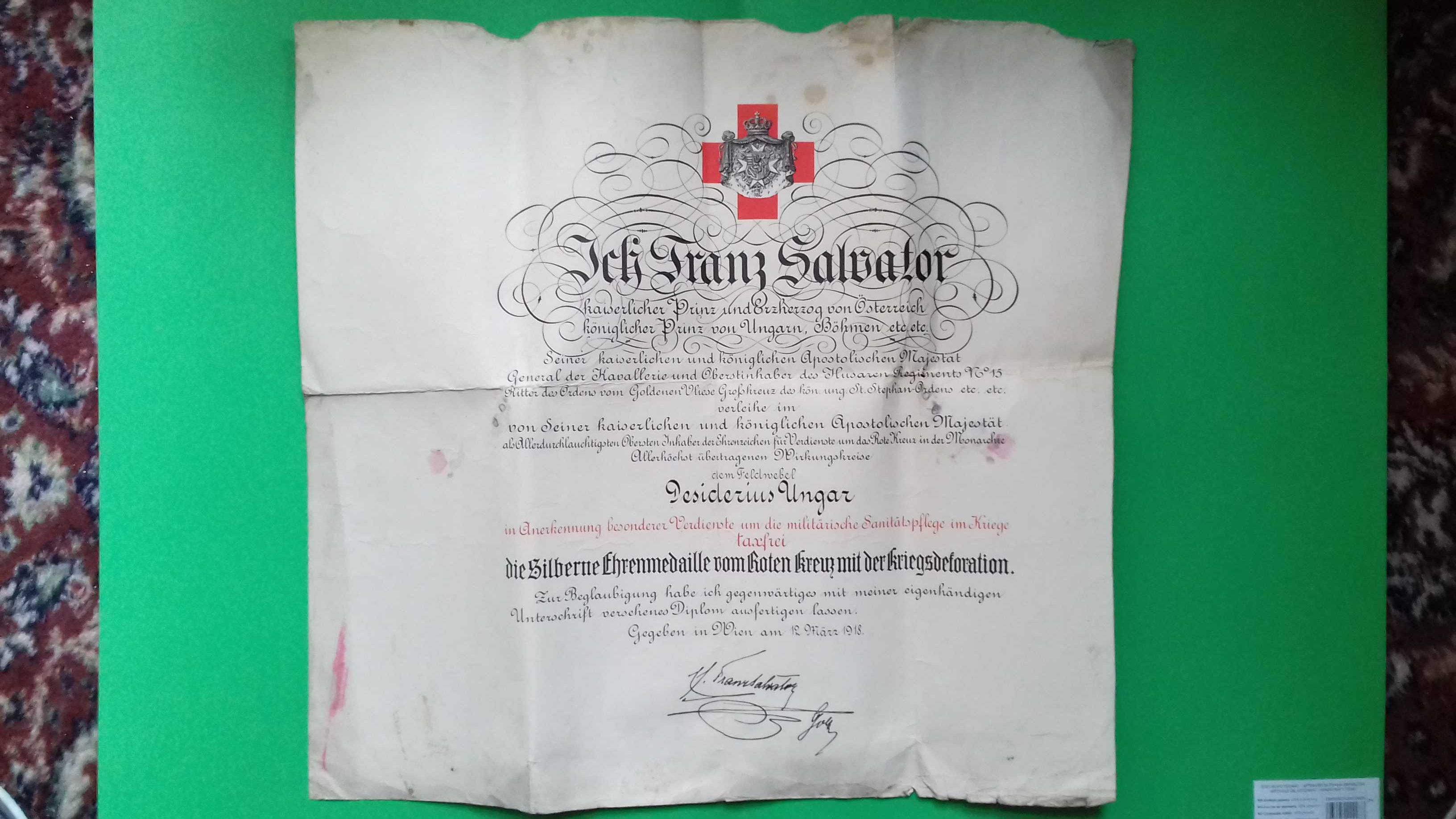 Diploma/Brevet Viena 1918 Medalia de argint crucea merit sanitar cl. 2