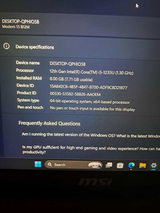 Laptop MSI – Intel Core i5-1235U, 8GB RAM, 512GB SSD, Windows 11