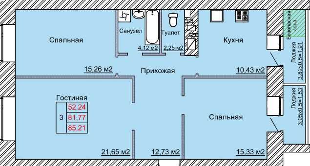 3-комнатная квартира, 85.21 м², 22млн