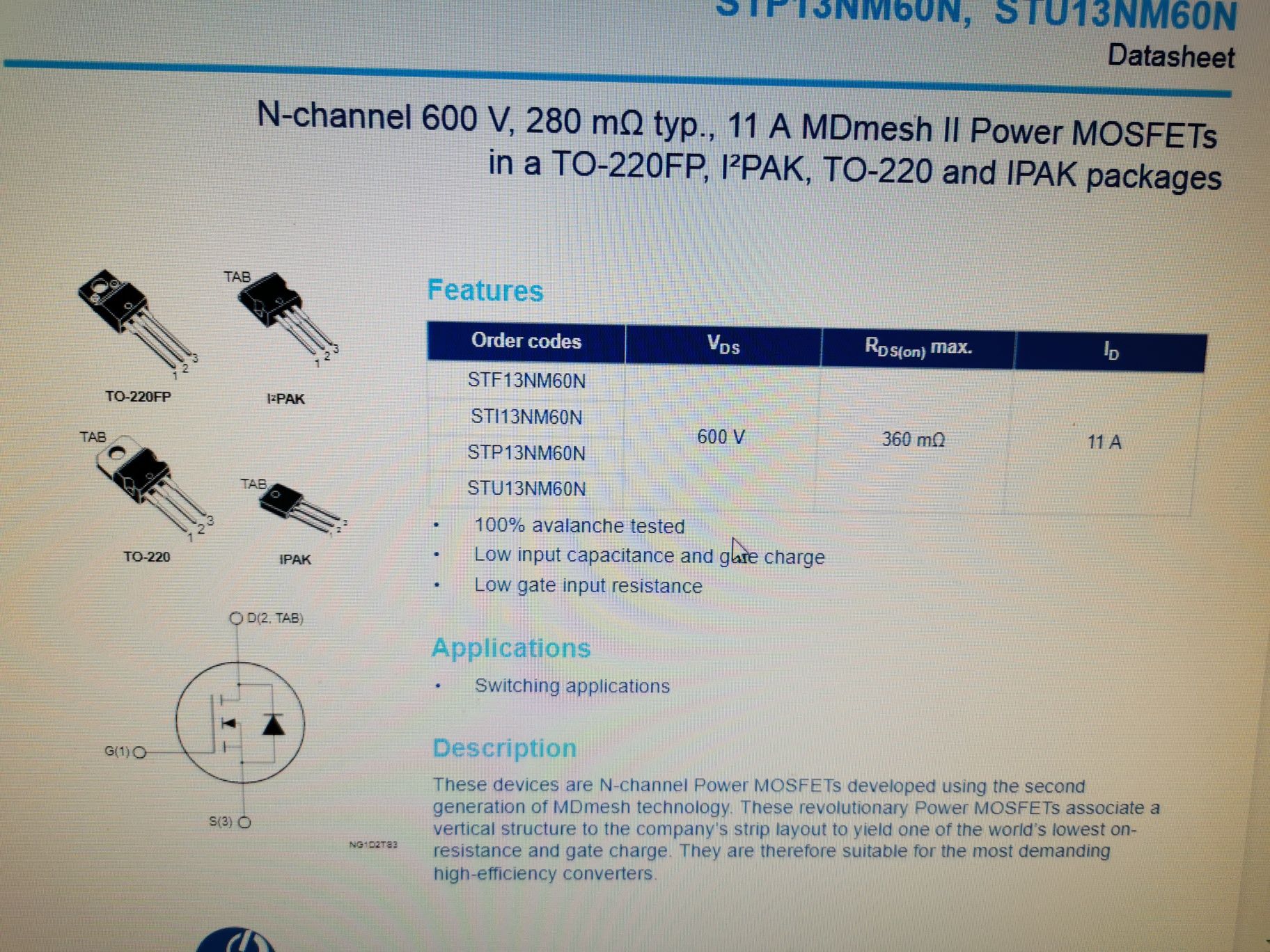 STF13NM60N N-chenal MOSFET