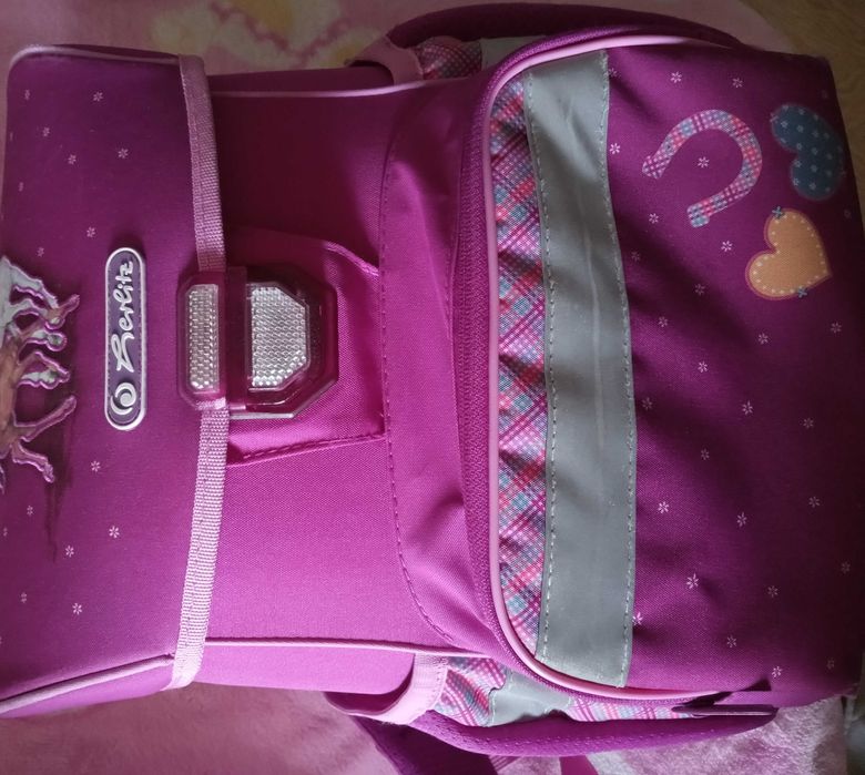 Ghiozdan-rucsac Herlitz, roz cu cai, cu penar gol roz, Herlitz