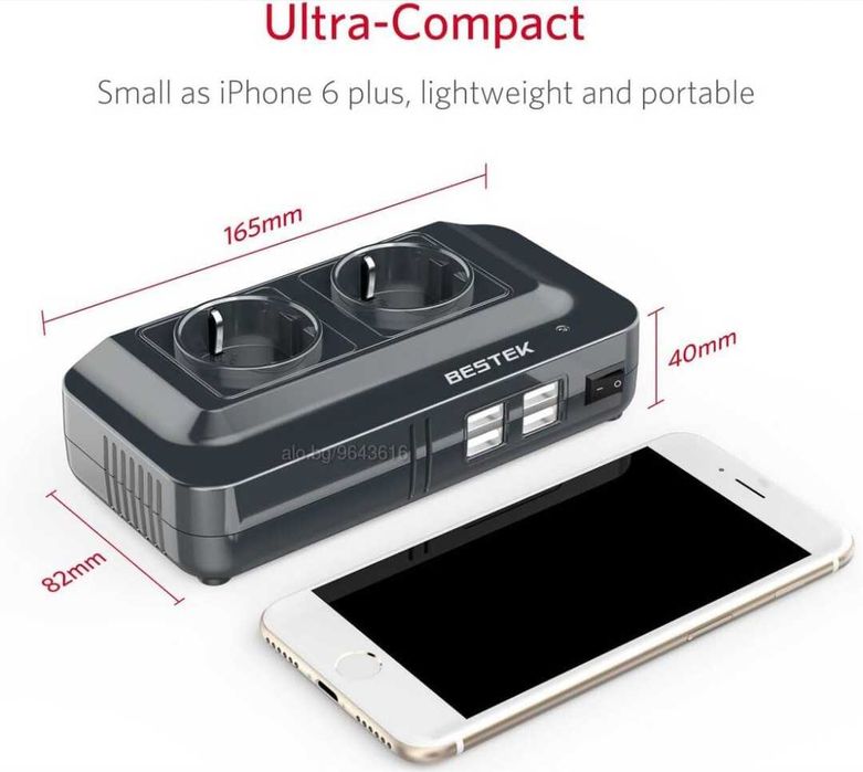 Инвертор 200W 11-15V DC 220-240V AC 4USB две гнезда контакт BESTEK TUV