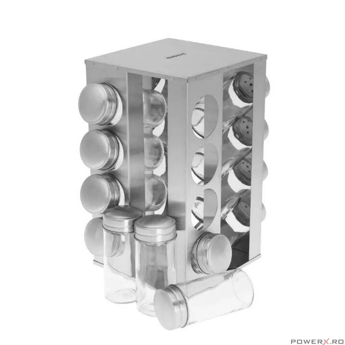Set 16 recipiente pentru condimente, cu suport, inox si sticla,