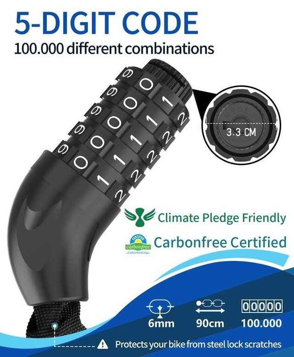 Lanț antiefracție pentru bicicletă cu cifru de 5 cifre