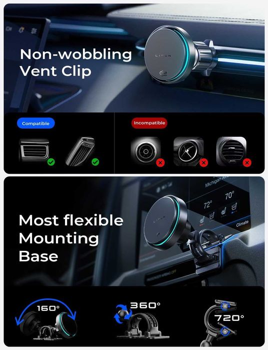 LISEN Qi2.2 25W MagSafe зарядно за кола, с вентилатор, 95W адаптер