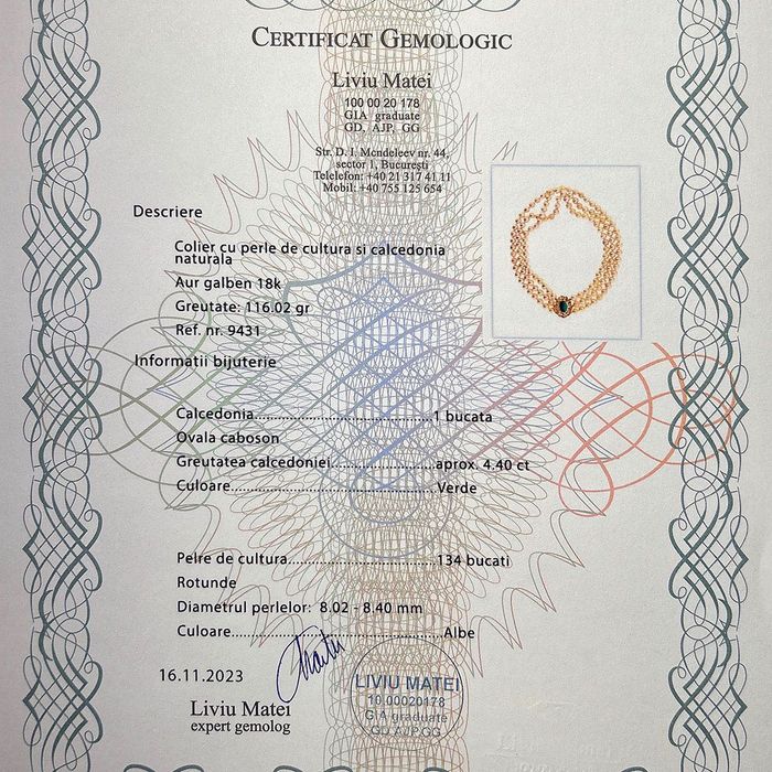 colier 3 rd. perle apa sarata, aur 18k, calcedonie, certif.