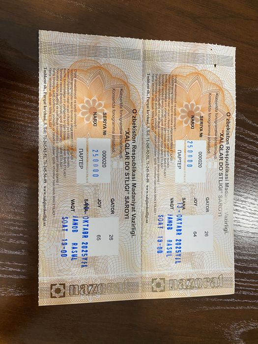 Janob Rasul konsertiga 2 ta bilet srochna sotiladi, 13- oktyabr 19:00