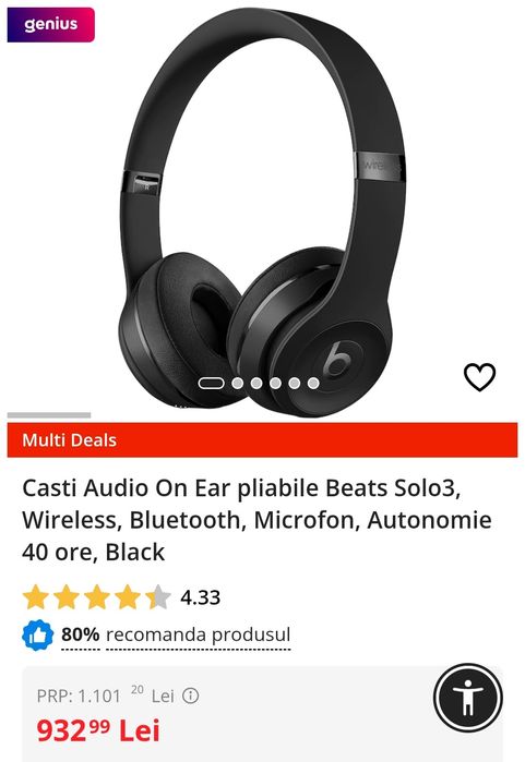 Casti Audio On Ear pliabile Beats Solo3, Wireless, Bluetooth, Microfon