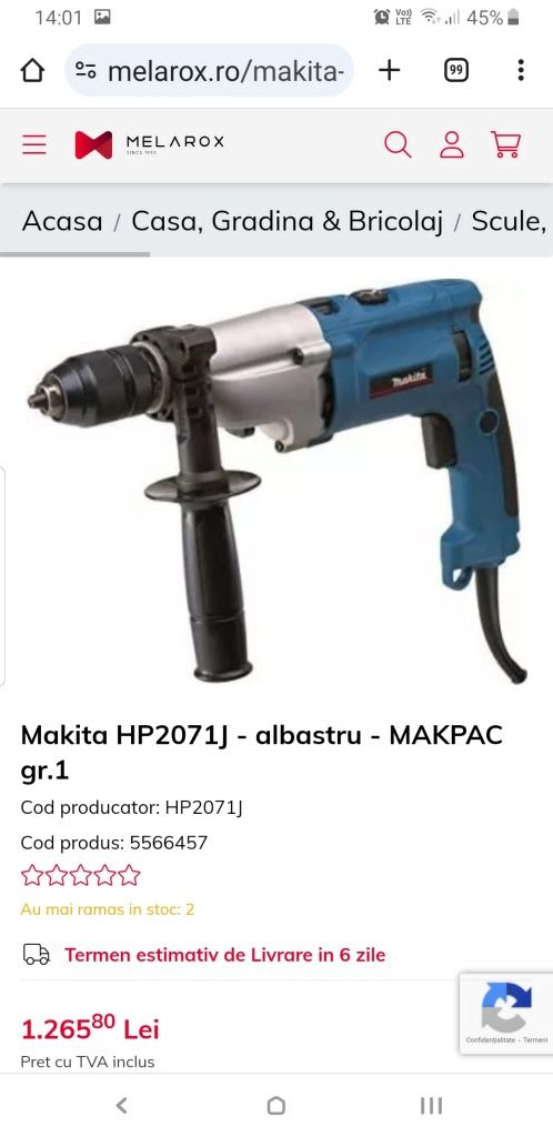 Descriere Ciocan retopercutor HP2071J 2900rpm 1010W 13mm de la Makita