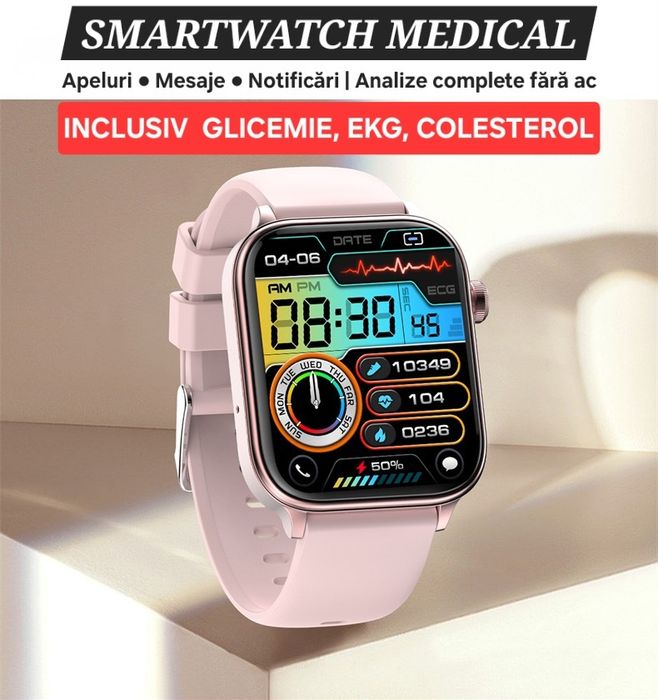 Smartwatch Medical Roz. Analize fără ac: glicemie, colesterol, EKG etc