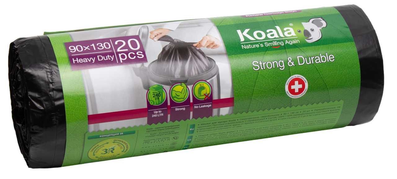Мусорные пакеты Koala 90×130 см, 20 шт — сверхвместительные и прочные