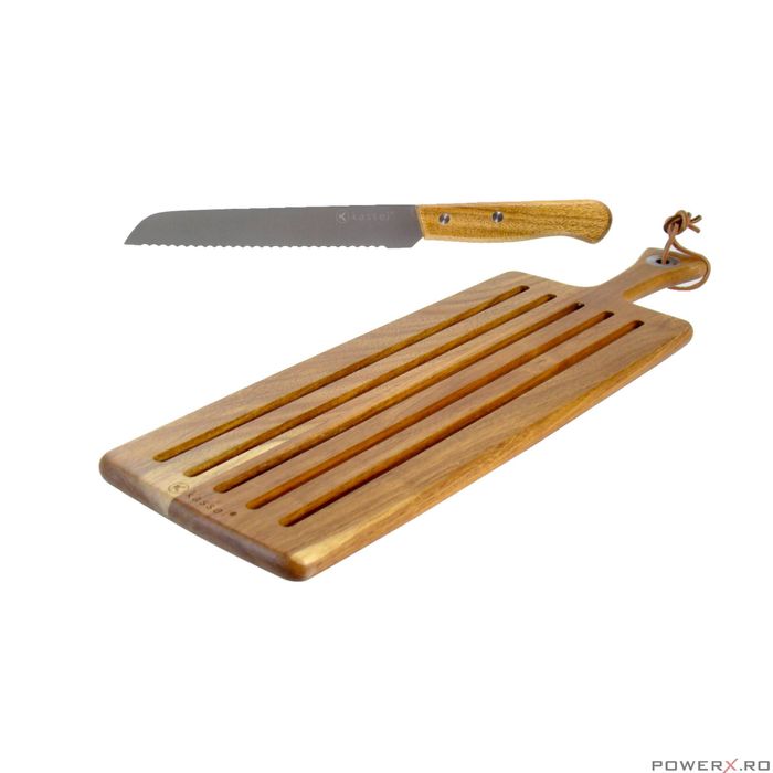 Set cutit si suport pentru taiat paine, inox si lemn masiv de salcam,