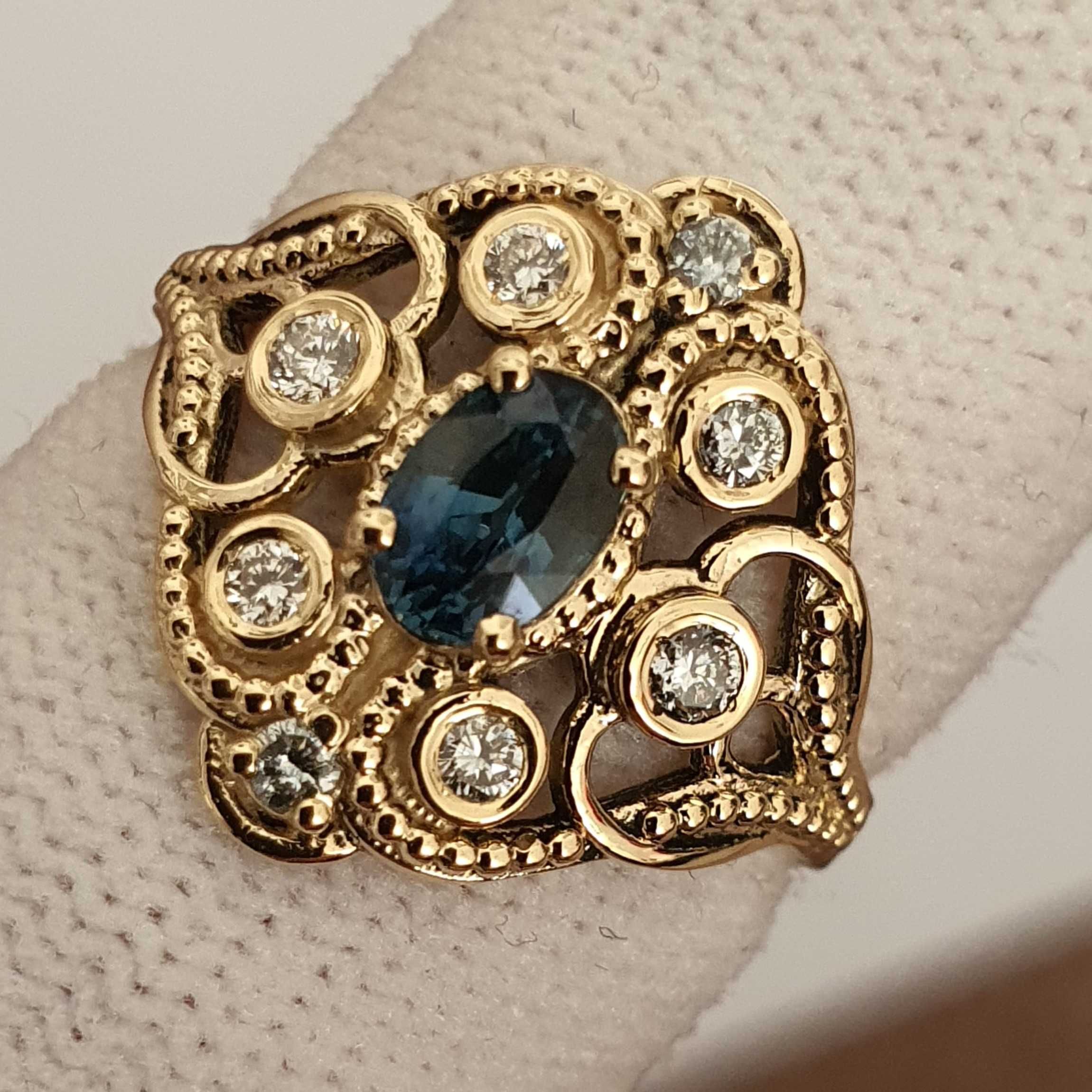 superb inel art-deco aur 14k cu safir si diamante naturale