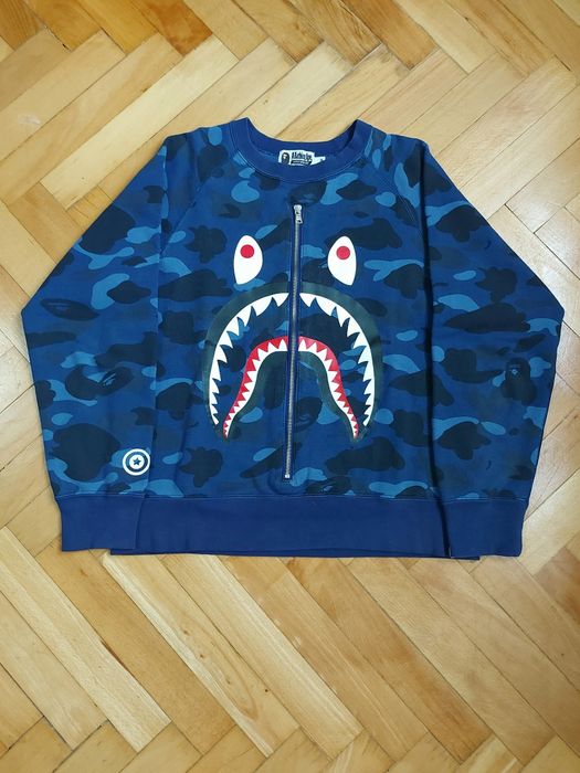 Bluză Rară A Bathing Ape Blue Shark Crewneck Real Zipp 100% Originala