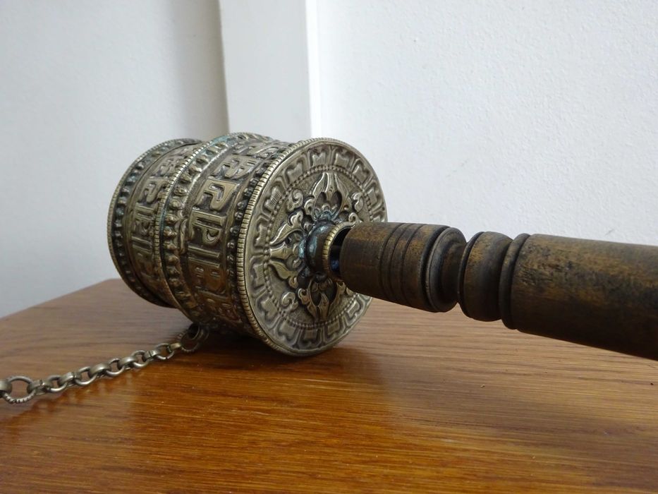 Roata Tibetana cu Mantra, argint tibetan| Vechi obiect de Cult Budist