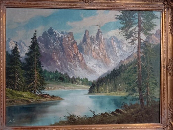 Tablou Ulei pe pânză peisaj montan o lucrare foarte veche semnata înc