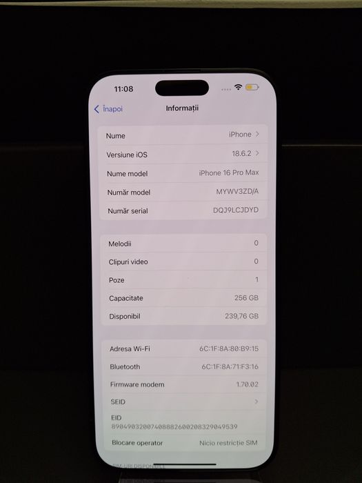 Iphone 16 Pro Max 256GB 100% sănătate
