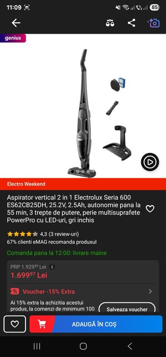 Aspirator vertical Electrolux 25.2v 55min perie led GARANTIE 15luni