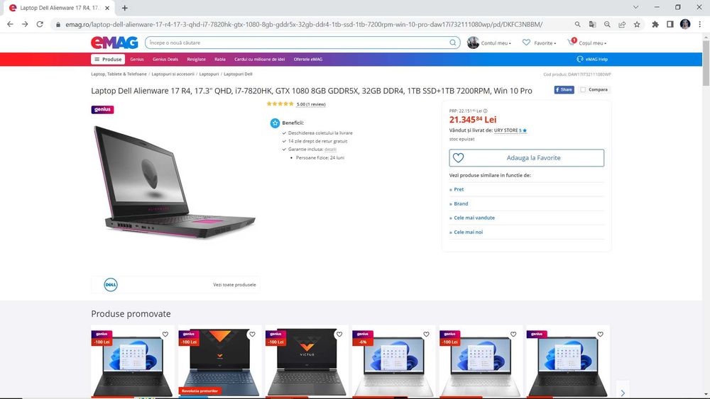 Laptop Alienware ,intel core i7 ,ram 32 gb, video 8 gb , 17,3 inch 4K