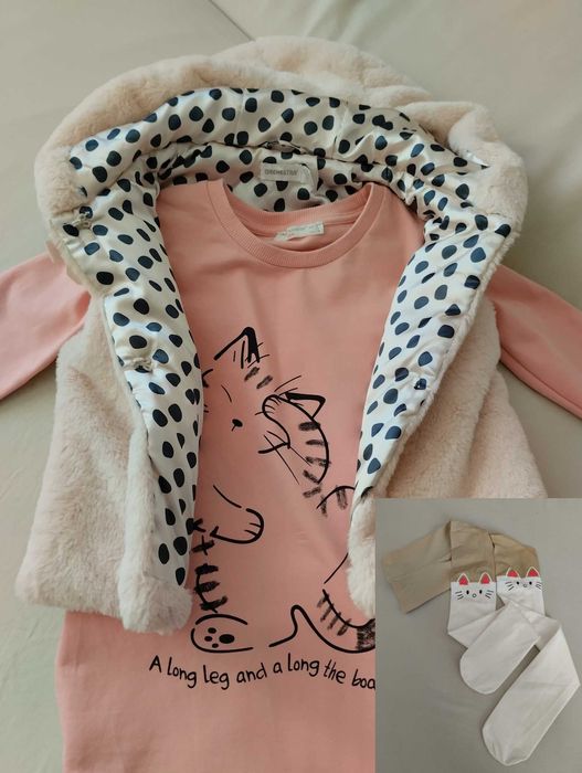 Комплект детска рокля/плюшен елек/чорапогашник Коте, р.128