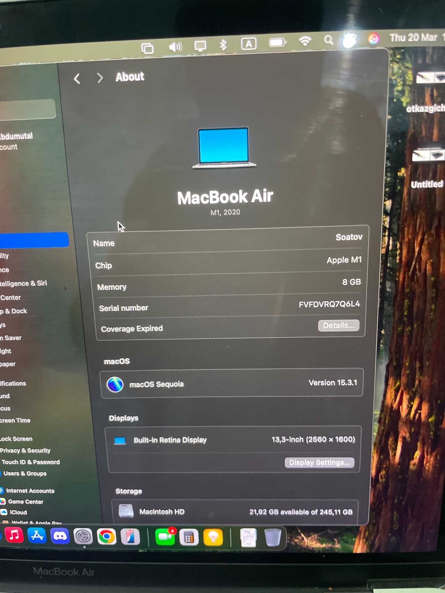 Macbook Air M1 8 256