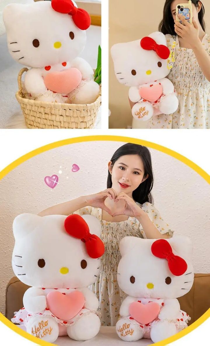 Pluș mare 40cm Hello kitty pufos cu rochita si inimioara