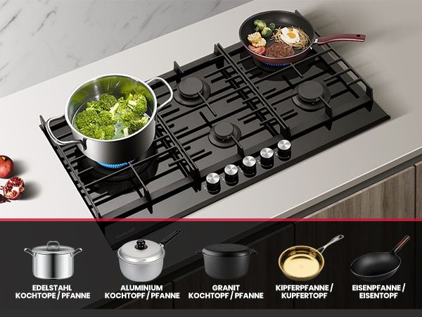 Газов плот за вграждане, 5 зони, 90см, 10400W, чугунени скари