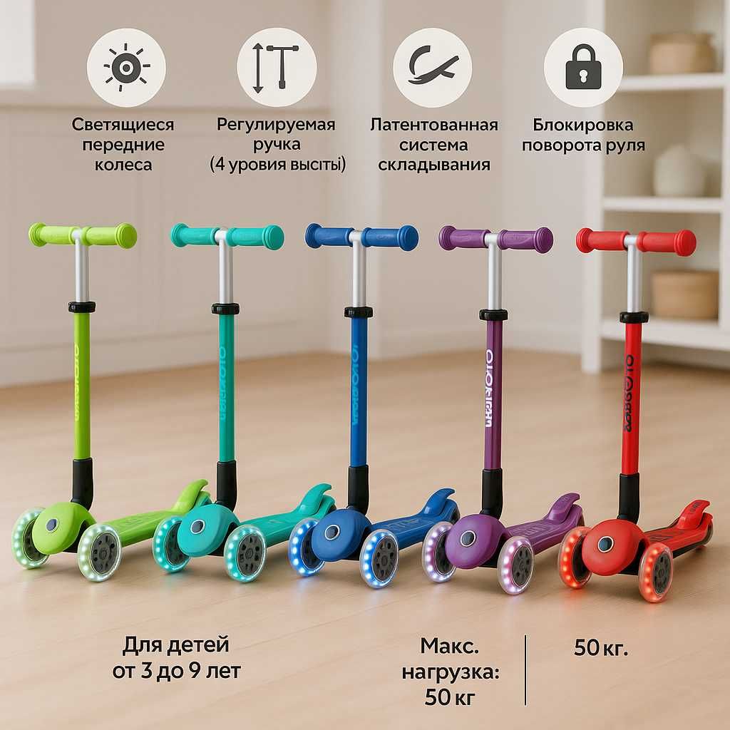 Globber Primo Foldable Plus Lights самокат, 3-колёсный, 3лет, 5 цветов