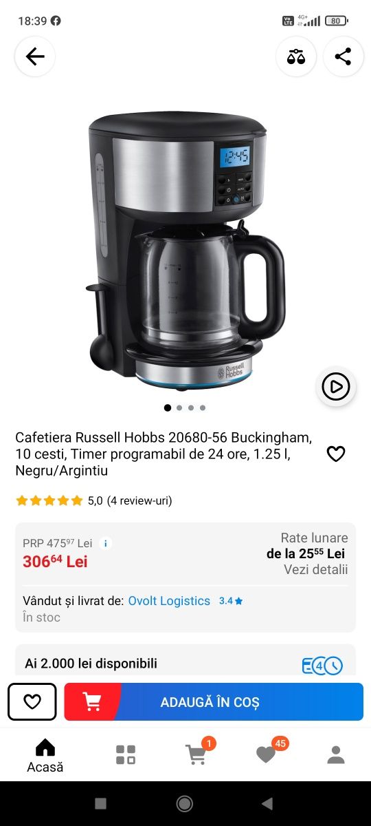 Cafetiera Russell Hobbs pentru cafea macinata cu programare